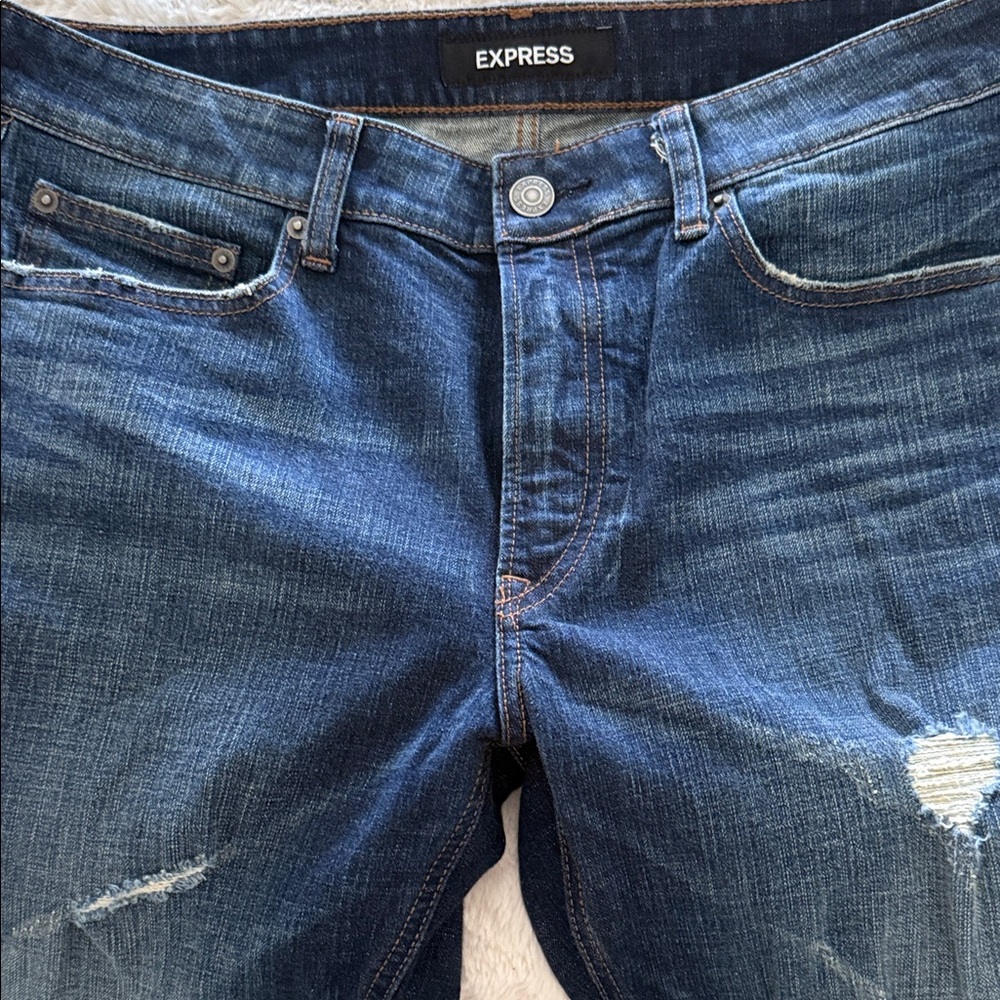 Express Men's Distressed Dark Blue Slim Stretch Jeans